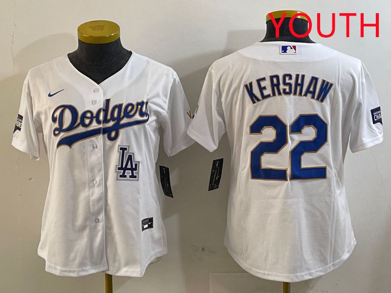Youth Los Angeles Dodgers 22 Kershaw White Gold Game 2025 Nike MLB Jersey style 3